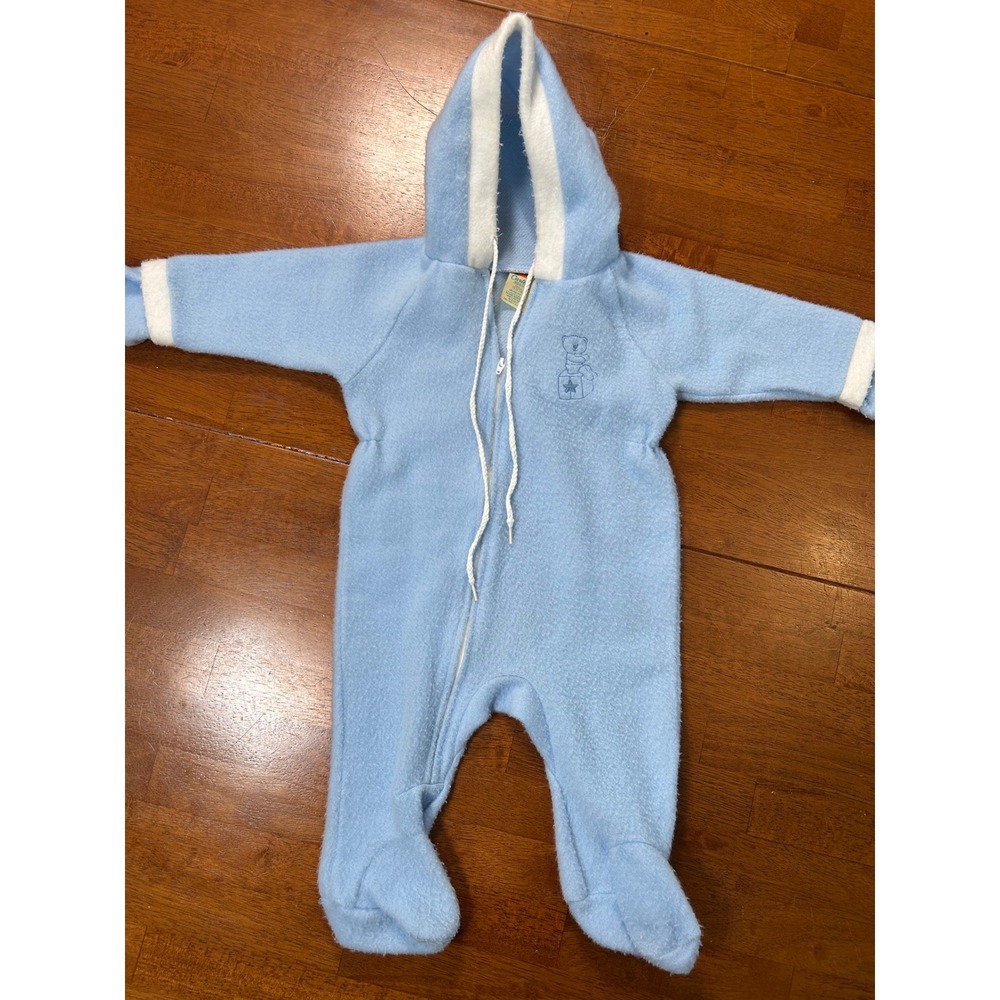 Vintage Carters Fleece Pram Baby Small Blue Hooded Footed Coverall Made in USA